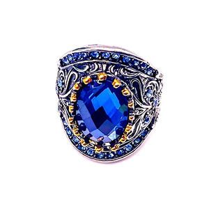 𝅺VINTAGE Silver Tone Statement Ring Costume Jewelry Oval Blue Stone Size 5.75